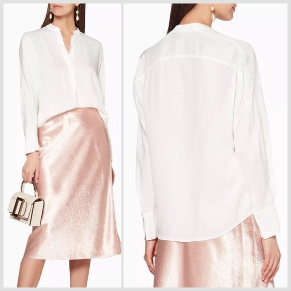 Vince Dot Silk Jacquard Popover Off White Banded Collar Blouse Sz XS - Picture 1 of 16